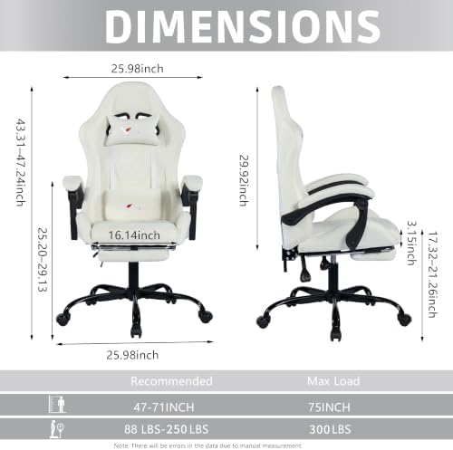 Fabric Gaming Chair for Adults, Ergonomic Computer Office Desk Chair with Footrest,Pocket Spring Cushion, Reclining High Back Silla Gamer for Home Office, White