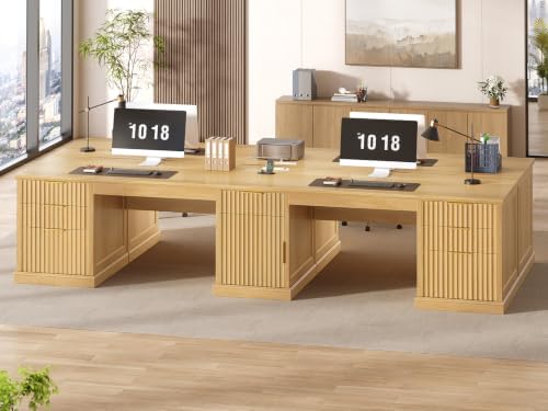 SEDETA Fluted 110.3" Two Person Desk with 7 Drawers for Office, Fluted Oak