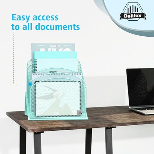 Delifox Inclined Desk File Organizer,Vertical File Folder Holder Stand Metal Rack File Sorter for Office Classroom Desktop Organization (2, Aqua, 5)