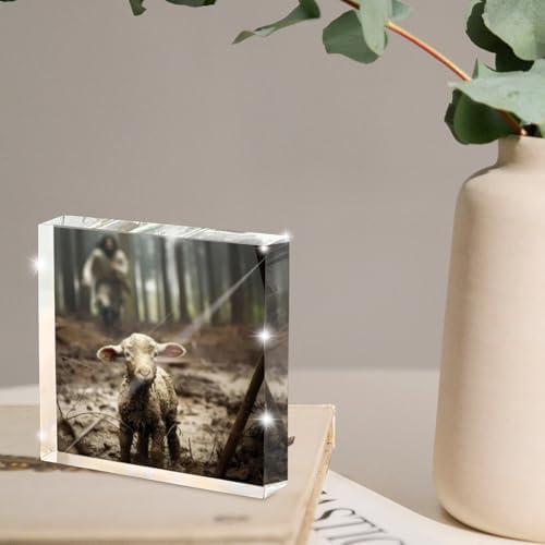 Christian Jesus And Lamb Religious Acrylic Desktop, Spiritual Gifts for Christian Women, Home Decor for Everyday Encouragement, Lost Lamb Themed Office And Faith-Based Home Decor 4x4 Inch