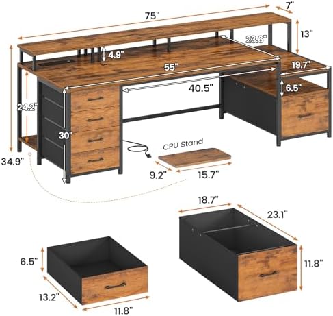 SEDETA 75'' Large Home Office Desk with 5 Drawer, Power Outlet, File Drawer