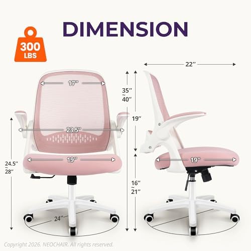 NEO CHAIR Office Desk Chair, Ergonomic Mesh with Flip-Up Armrests, Pink