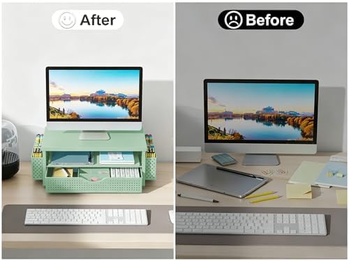 gianotter Desk Organizers and Accessories, Monitor Stand with Drawer and 2 Pen Holder, Desktop Organizer Suitable for Offices and Dormitories (Sage Green)