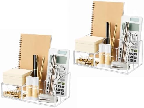 HBlife Acrylic Desk Organizer with Drawer, Pen & Pencil Holder, Multifunctional Desktop Caddy for Office Supply and Organization (Clear, 2 Pack)