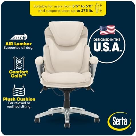 Serta Bryce Executive Office Chair - Ergonomic Computer DeskChair with Lumbar Technology - Adjustable Height - Memory Foam Body Pillows - 360° Swivel Rolling Base - Bonded Leather - Cream