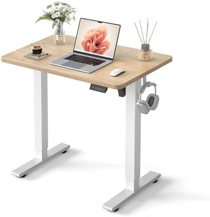 Cubiker Standing Desk, 32" Small Sit Stand Home Office Desk, Electric Stand up Desk, Adjustable Desk with Splice Board, White Frame/Maple Top