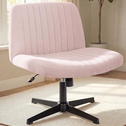 NEO Chair Criss Cross Chair No Wheel Vanity Desk Chair Wide Armless Cross Legged Office Comfy Makeup Adjustable Computer Task for Home Office Fabric (Pink)