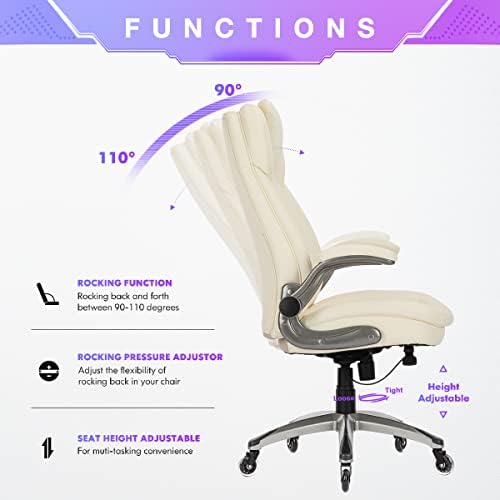 COLAMY Ivory Leather High Back Executive Office Chair Set of 2, Ergonomic Desk Chair with Flip-up Arms, Thick Cushion, Silent Nylon Wheels, Adjustable Height & Rocking Function, 300lbs Capacity