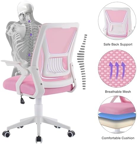 VECELO Mid-Back Swivel Ergonomic Office Chair with Adjustable Arms Mesh Lumbar Support for Computer Task Work, Pink