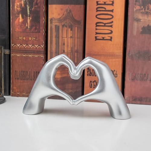 Small Heart Hands Sculpture Decor for Living Room Bedroom Bookshelf Coffe Table and Office Display, Love Finger Statue Modern Aesthetic Home Decor, Unique Gift for Wedding Christmas Birthday (Silver)