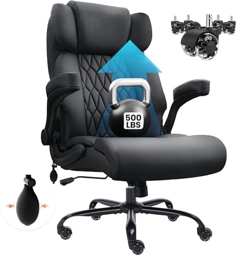500lbs Big and Tall Office Chair Adjustable Lumbar Support for Back Pain, Extra Wide Seat Executive Office Chair Thick Armrest Pad, Heavy Duty Base&Upgraded Wheels, Ergonomic Desk Chair