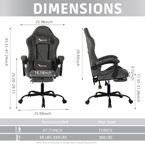 Fabric Gaming Chair for Adults, Ergonomic Computer Office Desk Chair with Footrest,Pocket Spring Cushion, Reclining High Back Silla Gamer for Home Office, Grey