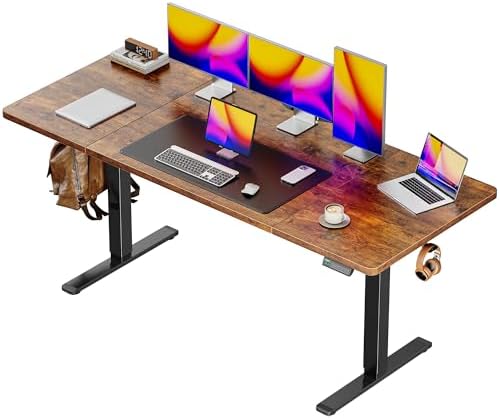 Huuger 63 x 28 Large Electric Standing Desk, Height Adjustable Computer Desk, 27.6" Deep Desktop, Stand up Gaming Office Table with 2 Hooks, 3 Preset Heights, for Home Office, Rustic Brown, 7021Z-1
