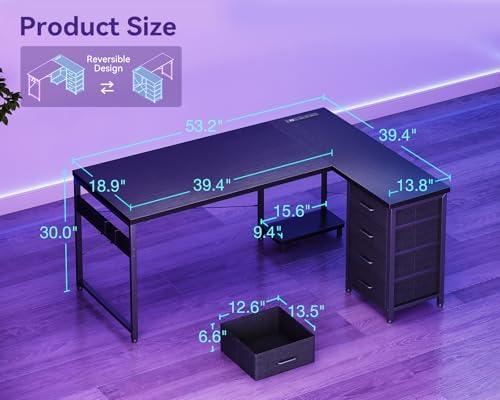 AODK 53" L Shaped Gaming Desk with 4 Drawers and Power Outlets, Black
