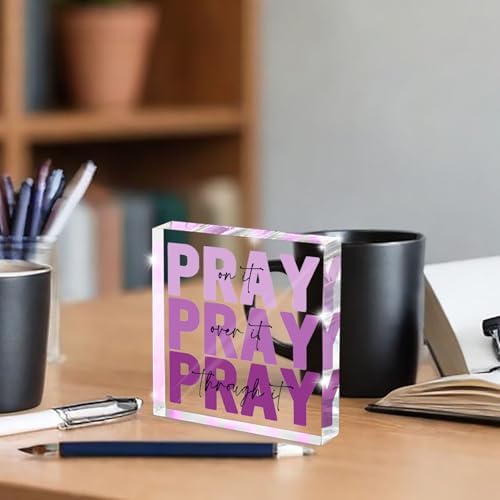 Purple Christian Gifts for Women -Religious Plaques Christian Woman Decor Gift, Modern Home Office Room Bathroom Bedroom Tabletop Shelf Desk Valentines Day Decor, Pray on it Pray through it, Baptism Gifts