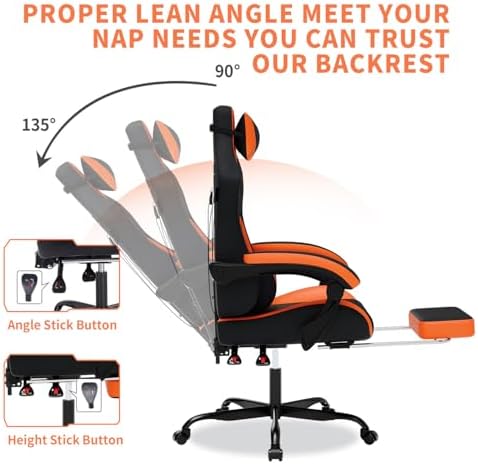 Gaming Chair with Massage,Ergonomic PC Gaming Chair with Footrest Comfortable Headrest and Lumbar Support,High Back Game Chair PVC Leather,300LBS (Black&Orange)