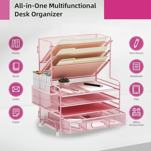 MINDEPOT 4-Tier Paper Organizer + 3-Pocket File Holder + Drawer + Pen Holders, Desktop File Organizers Paper Tray for Office Supplies School Classroom Organization (Pink, with Drawer & Pen Holder)