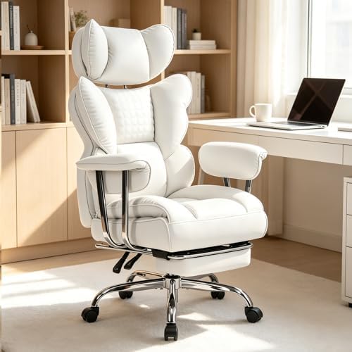 Big and Tall Office Chair 350 LBS, Scratch-Resistant PU Leather Executive Office Desk Chair with Footrest, Ergonomic Reclining Computer Chair with Pocket Spring Support for Home Office, Beige