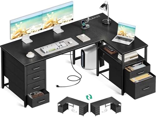 Coleshome 55 Inch L Shaped Office Desk with 6 Drawers, Power Outlet, Black