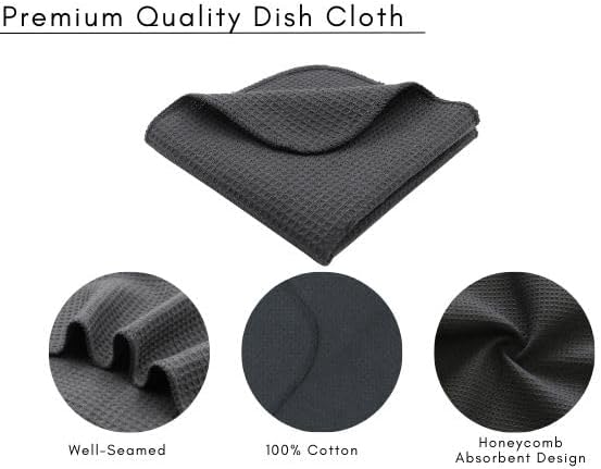 PurpleEssences Dish Cloths and Dish Rags - 8 Pack Waffle Weave Solid Kitchen Dish Wash Cloths, 100% Cotton, 12 x 12 Inches, Ultra Soft Absorbent Quick Drying - Christmas Holiday Winter - Dark Grey