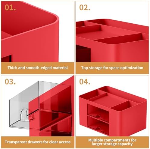 Marbrasse Pen Organizer with 2 Drawer, Multi-Functional Pencil Holder for Desk, Desk Organizers and Accessories with 5 Compartments + Drawer for Office Art Supplies (Red)
