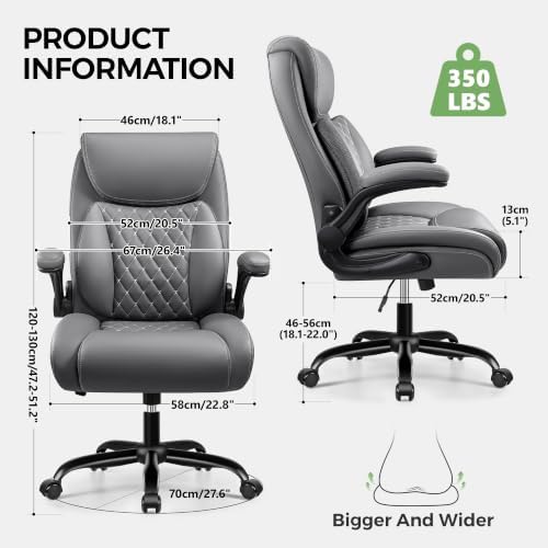 Office Chair, Ergonomic Executive Desk Chair with Lumbar Support for Lower Back Pain Relief, Padded Flip-Up Armrests, Leather Home Office Chair, Gray