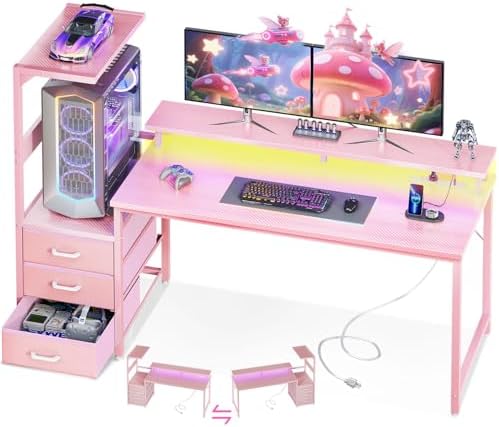 AODK 59 Inch Gaming Desk with USB Charging Ports & LED Light- Reversible Computer Desk with Storage Shelves & Monitor Stand, Modern Gamer Desk Table with Fabric Drawers, Pink
