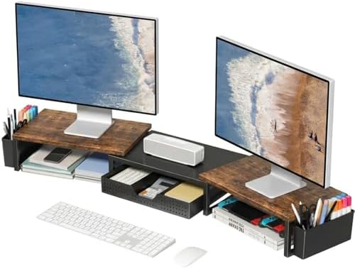 OPNICE Desk Organizers and Accessories, Dual Monitor Stand Riser with Drawer and 2 Pen Holders, Desk Shelf Computer Racks for Office Workspace Organizers, Desktop Organization (Rustic Brown)