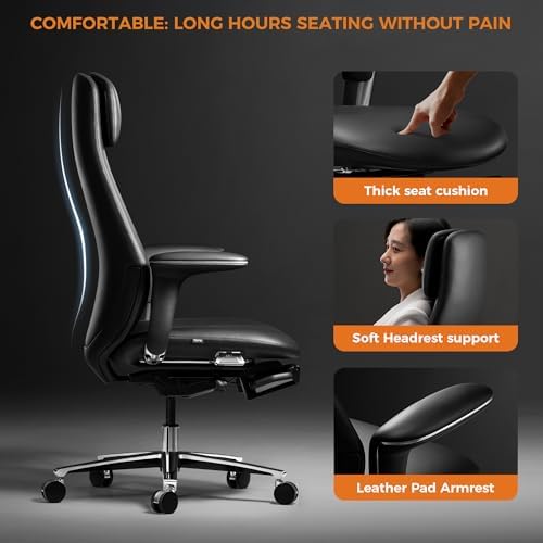 TOMU Executive Office Chair with Foot Rest, Top Grain Genuine Leather Office Chair, Ergonomic High Back Design. Real Leather, Wheels, Alumium Base. Padded Armrest, Luxury and Comfy (Black)