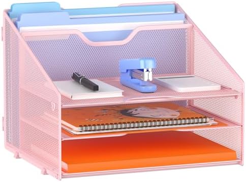 GAWERK Letter Tray Organizer, Mesh Desk File Organizer with 3 Paper Trays and 2 Vertical Upright Section (Pink)