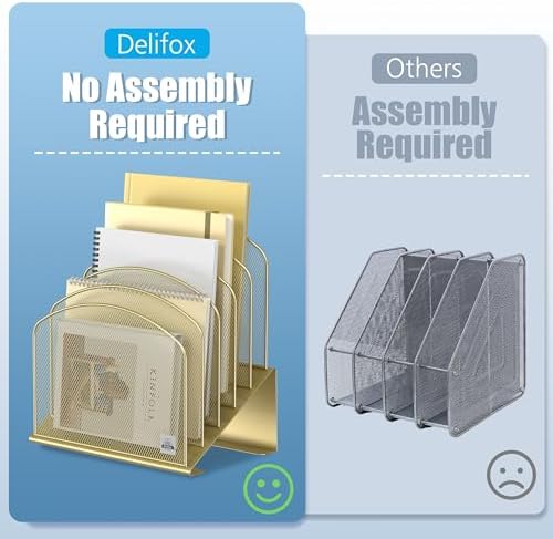 Delifox Inclined Desk File Organizer,Vertical File Folder Holder Stand Metal Rack File Sorter for Office Classroom Desktop Organization (2, Gold, 5)