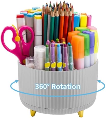 Marbrasse Desk Organizer, 360-Degree Rotating Pen Holder, Desk Organizers and Accessories with 5 Compartments Pencil Holder, Art Supply Storage Box Caddy for Office, Home (Grey)