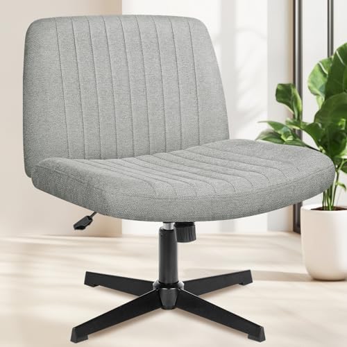 NEO Chair Criss Cross Chair No Wheels, Armless Cross Legged Office Desk Chair, Vanity Makeup Fabric Computer Comfy Adjustable Swivel Ergonomic Living Bedroom for Home Office (Fabric Grey)