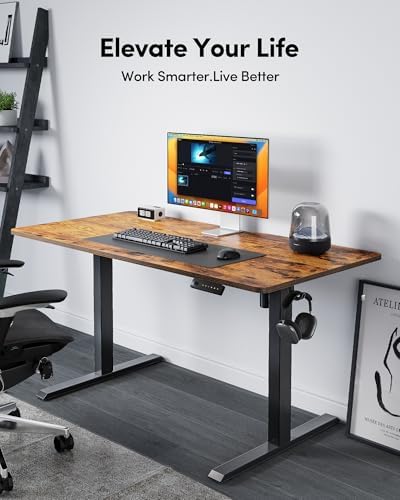 FEZIBO 40 x 24 Inchs Electric Standing Desk, Height Adjustable, Sit Stand Up, Computer Office Desk with Splice Board, Black Frame/Rustic Brown Top