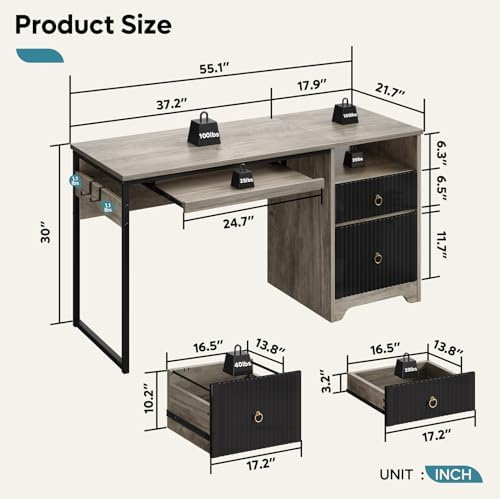 Bestier 55Inch Modern Fluted Desk with Drawers & Keyboard Tray, Grey