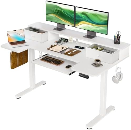 OffiGo 55 Inch U Shape Standing Desk with Keyboard Tray & Drawers, White