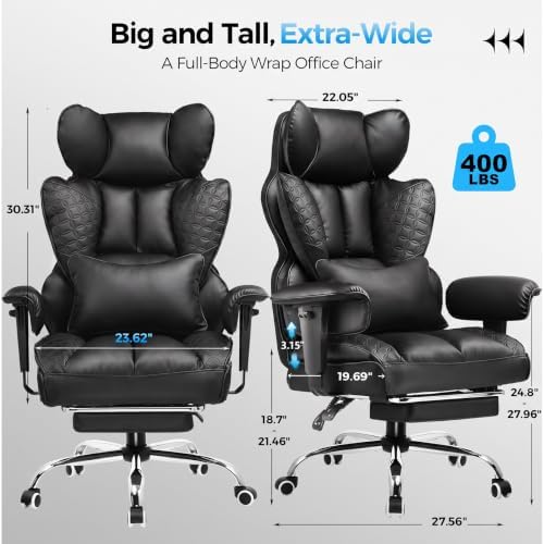 GTPLAYER Big and Tall Gaming Chair 400lbs Heavy Duty Office Chair with Footrest, High Back Pocket Spring Lumbar Support, Ergonomic Wide Comfy Seated Cushion for Lower Back Pain Relief, Carbon-Black