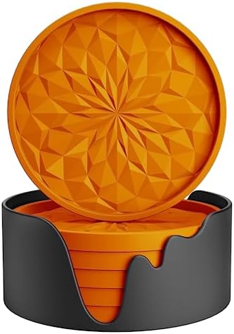 ME.FAN Silicone Coasters with Holder,[6 Pack] Drinking Coasters - Cup Mat for Hot or Cold Drinks, Thickened, Non-Slip, Non-stick,Deep Tray Orange
