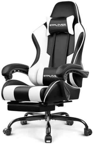 GTPLAYER Gaming Chair, Computer Chair with Footrest and Lumbar Support, Height Adjustable Game Chair with 360°-Swivel Seat and Headrest and for Office or Gaming (Pearl White)