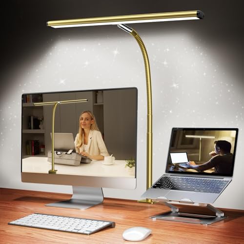 Airlonv LED Desk Lamp with Clamp, 17" Stepless Dimming Light, Gold