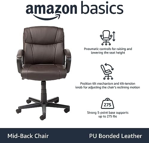 Amazon Basics Office Task Chair with Adjustable Height, 360° Swivel, Padded Armrests, Mid-Back, Rolling, 275 Pound Capacity, 24"D x 24.2"W x 34.8"H, BIFMA Certified, Dark Brown Faux Leather
