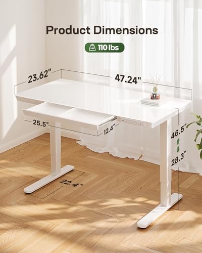 Marsail 47.24 inch Glass Standing Desk with 2-Zone Drawer Storage, White