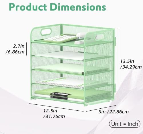 Supeasy 5 Trays Paper Organizer Letter Tray with Handle-Mesh Desk File Holders, Paper Sorter Desk Organizer for Office, Home, Classroom or School(Mint Green)