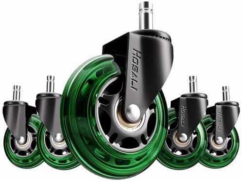HOSALI Office Rubber Chair Wheels Replacement, 3 Inch Heavy-Duty Computer Desk Casters Wheel, Quiet & Smooth Rolling for All Floors, Set of 5, Green