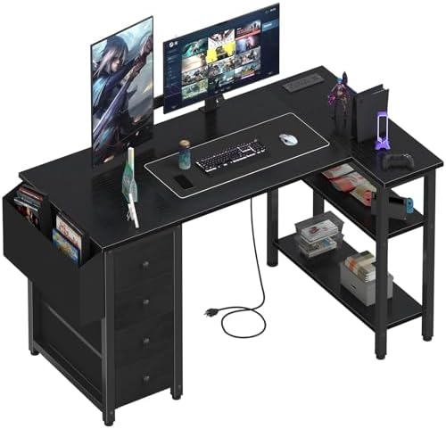 Lufeiya L Shaped Gaming Desk with Power Outlet, 47 Inch Reversible Corner Computer Desk with Drawers & Storage Shelves for Home Office Bedroom, L-Shaped Teen PC Desks with Fabric Drawer, Black
