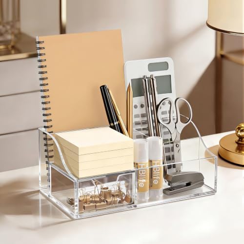 HBlife Acrylic Desk Organizer with Drawer, Pen & Pencil Holder, Multifunctional Desktop Caddy for Office Supply and Organization (Clear, 2 Pack)