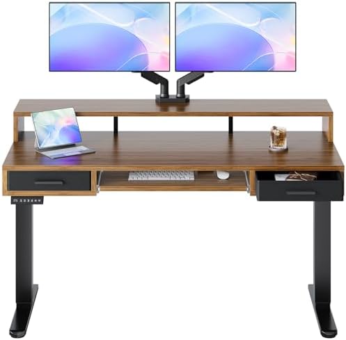 HUANUO 55″ x 26″ Electric Standing Desk with 2 Drawers &24.4″ Large Keyboard Tray, C-Clamp Mount Compatible, Adjustable Computer Desk for Office, Sit Stand Up Desk with 4 Height Presets, Deep Walnut