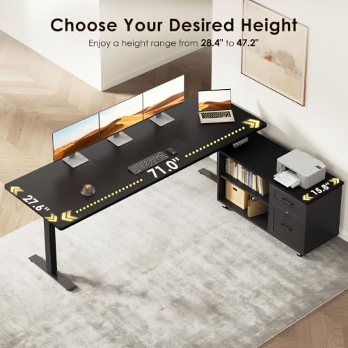 OffiGo 71 Inch L Shaped Electric Standing Desk with Cabinet Sets, Black