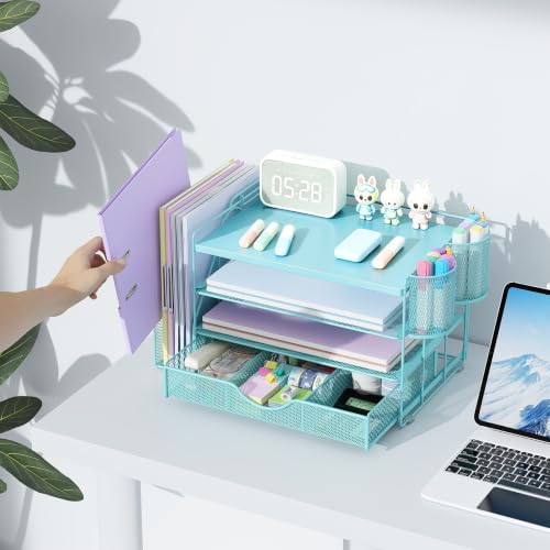 gianotter Wood Desk Organizers and Accessories with File Holder, 4-Tier Desk Accessories & Workspace Organizers with Drawer and 2 Pen Holder, Desk Reference Organizer (Blue, 4T with Metal Drawer)