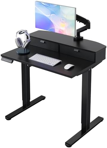 HUANUO 32" X 21" Electric Standing Desk with 2 Drawers, C-Clamp Mount Compatible, Height Adjustable Computer Desk, Home Office Stand Up Desk with 4 Preset Heights & 2 Hooks, Black